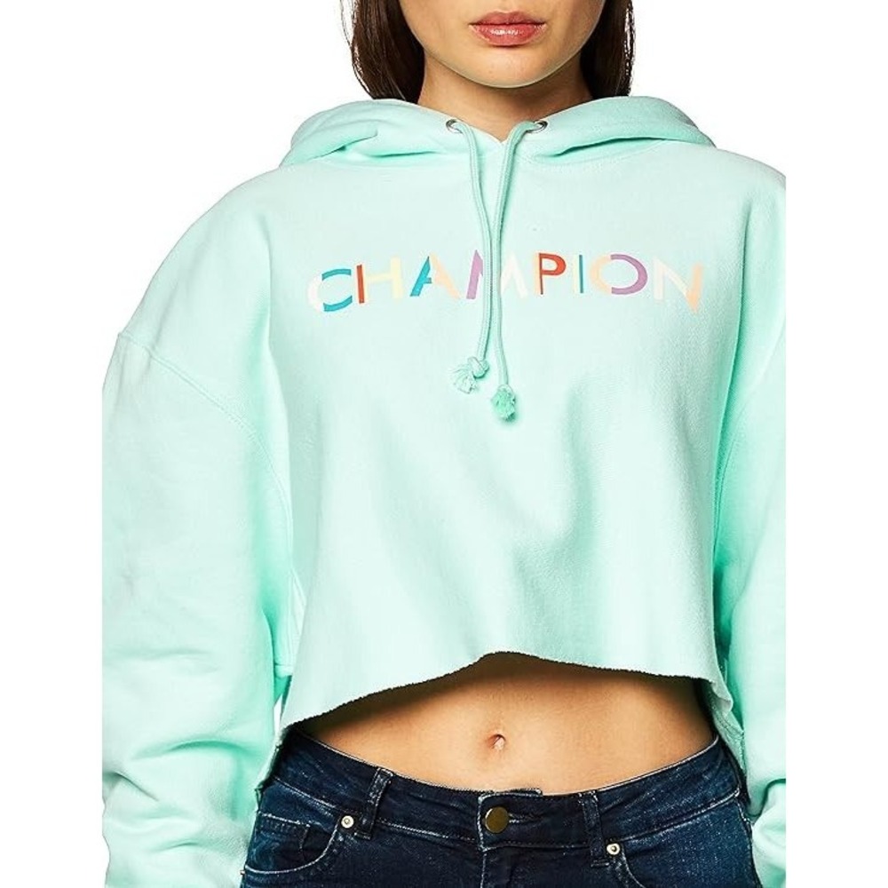 NWT Champion Reverse Weave Cropped Cut Off Hoodie Sweatshirt Blue M Oversized - Picture 4 of 12